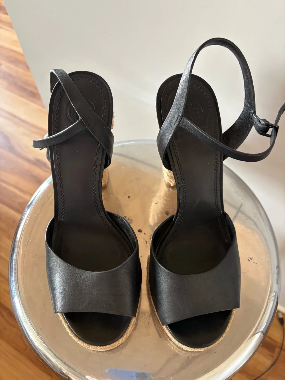 Tory Burch Black Leather Platform Espadrille Wedges